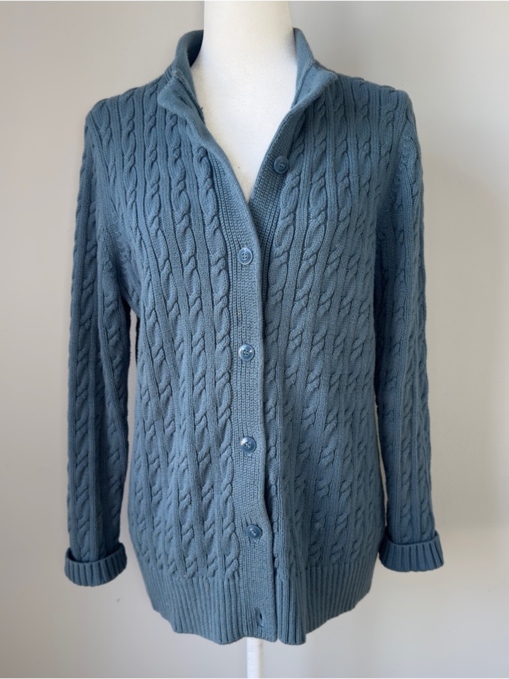 L.L.Bean 100% Cotton Cable Knit Button Front Cardigan Blue Women’s Petite M